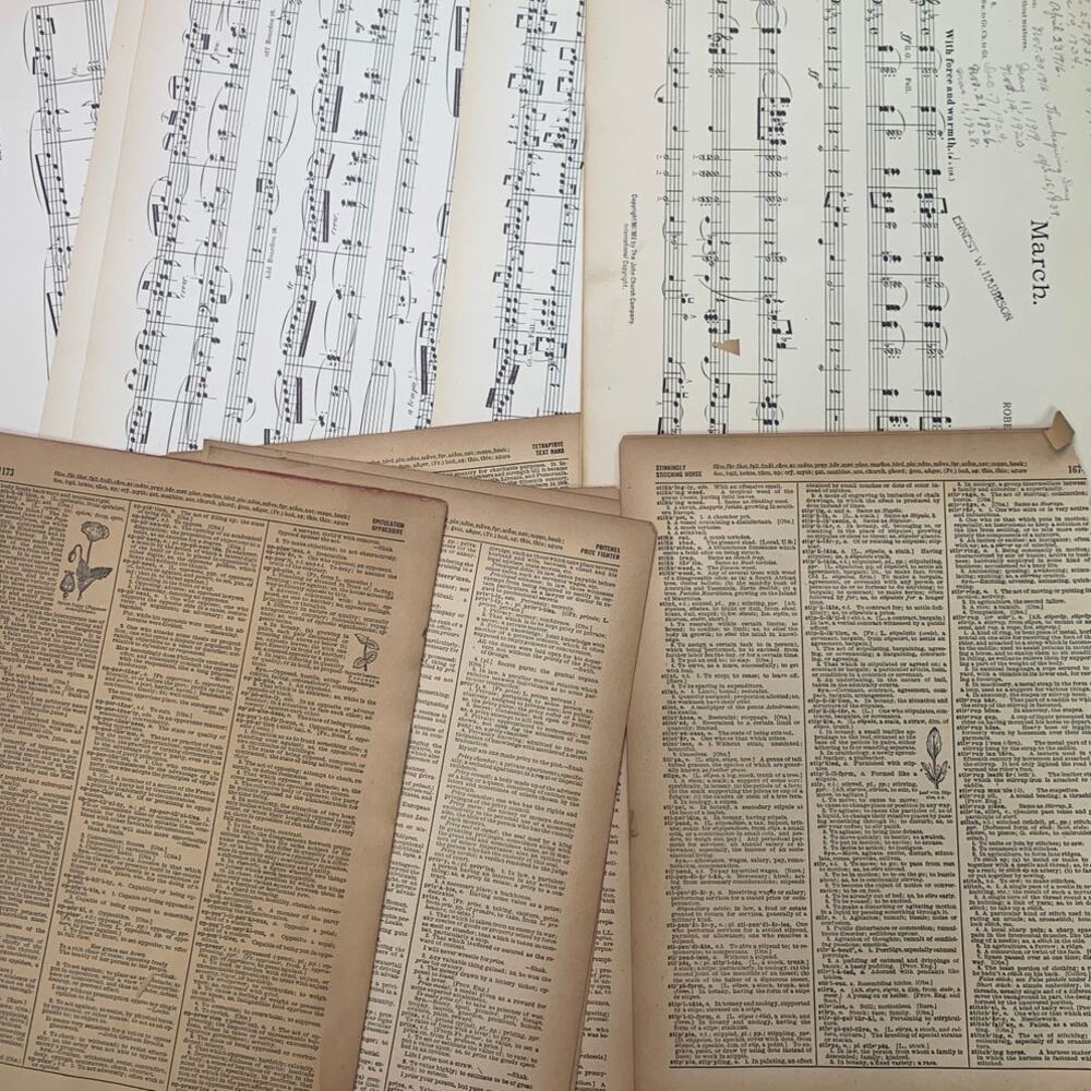 40+ Vintage Sheet Music Dictionary Pages for Scrapbooking Card Making Craft Lot